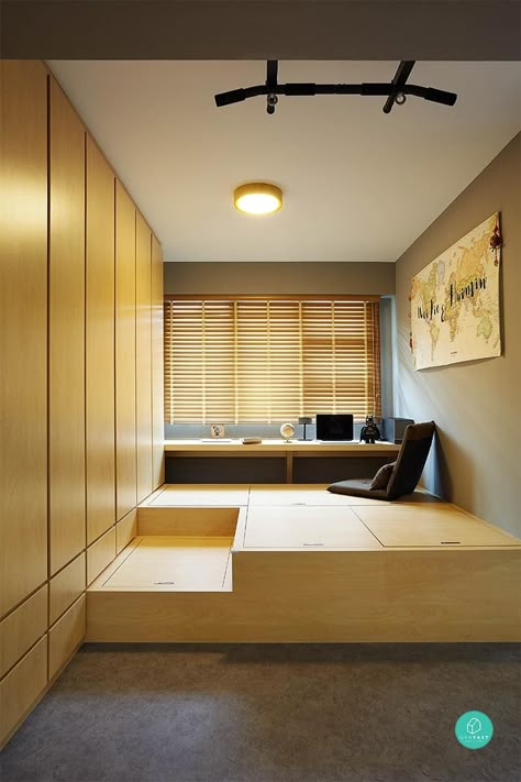 Elevate Your Home With 9 Eyebrow-Raising Platform Ideas Japanese Style Bedroom, Singapore Interior Design, Raised Platform, Singapore Interior, Tatami Room, Japanese Home Design, Study Interior Design, Interior Design Singapore, Condo Interior