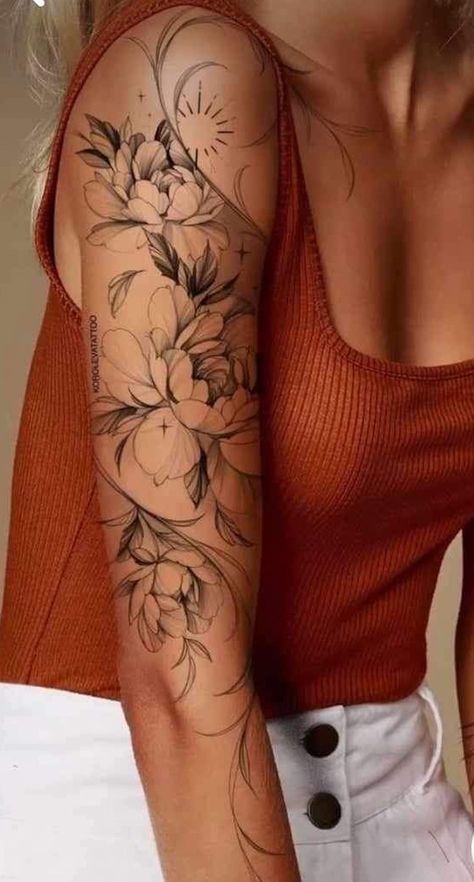 Elegant Upper Arm Tattoos For Women, Wolf Flowers Tattoo, Cover Up Tattoo Shoulder For Women, Peonies Back Tattoo, Lily Of The Valley Tattoo Sleeve, Fine Line Filler Tattoo, Women Flower Sleeve Tattoo, Back Shoulder Flower Tattoo, Flower Tattoos Peony