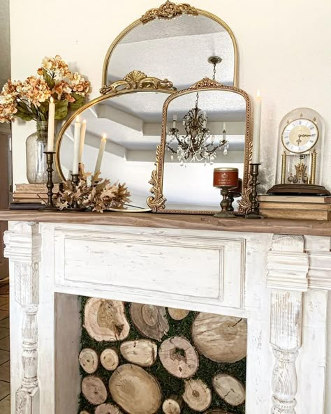 French Country Mantle Decor, Layered Mirrors, Country Mantle Decor, French Country Mantle, French Country Fireplace, Modern Cottage Core, Farmhouse Decor Mantle, Farmhouse Decor Entryway, Farmhouse Mantle Decor