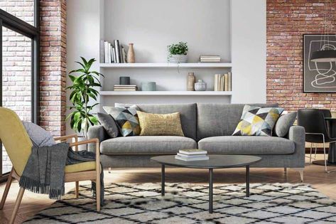 Gray Couch, Dark Gray Sofa, Modern Living Room Interior, Grey Sofa, Grey Couches, Shabby Chic Dresser, Scandinavian Interior Design, Color Rug, Colorful Chairs