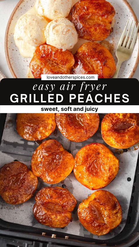 Fun Air Fryer Snacks, Unique Air Fryer Recipes, Peaches Air Fryer, Air Fry Meals, Air Fryer Peaches, Dorm Recipes, Dorm Cooking, Air Fryer Recipes Dessert, Air Fryer Desserts