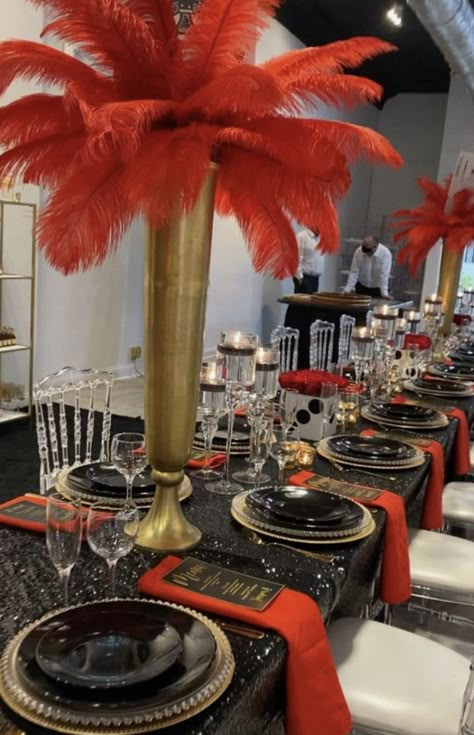 Red And Black Dinner Party Ideas, Elegant Red Black And Gold Party Decorations, Harlem Nights Theme Party For Men, Mens Dinner Party Decor, Red And Black Mens Birthday Party, Vegas Nights Party Theme, Black Red Gold Birthday Party Ideas, Great Gatsby Casino Party, Casino Theme Dinner Party