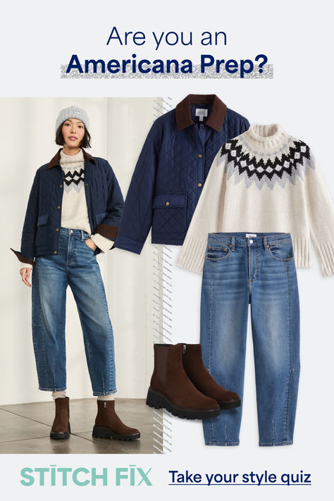 Wondering what your personal style is? Take our style quiz to find your style personality, and get so-winter-ready picks from a Stylist based your vibe, your budget + your fit. Discover your unique style personality now! Fisherman Core, Ann Taylor Outfit, Grandmother Style, 2024 Fits, Stitch Fix Women, Football Outfit, Denim Baby, Going Grey, Winter Layers