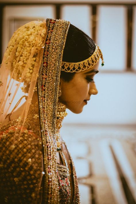 Photo of Bridal bun with florals and dupatta over it Lehenga Jewellery, Bridal Bun, Wedding Register, Bridal Photos, Indian Clothing, Popular Wedding, Plan Your Wedding, Bridal Looks, Festival Captain Hat