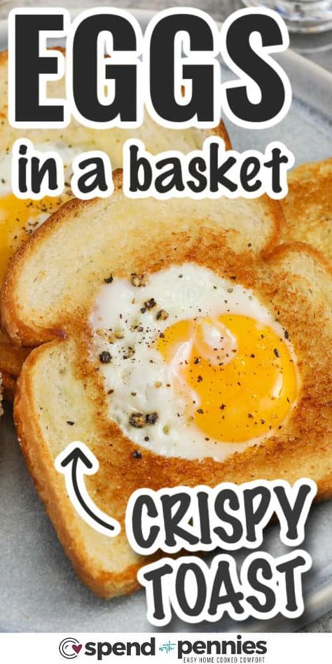 Looking for a quick breakfast fix, then this eggs in a basket recipe delivers eggs and toast at the same time. Also referred to as "eggs in a frame," this dish consists of frying an egg within a buttered bread slice. Enhance it with some oven-baked bacon or a slice of cheese. Simplify busy mornings by preparing multiple egg-in-a-hole breakfasts in one skillet! #spendwithpennies #eggsinabasket #egginabasketrecipe #egginahole Eggs In Basket Breakfast, Eggs For Egg Sandwiches, Birds Nest Breakfast, Eggs In A Basket Oven, Egg In A Basket Recipe, Eggs In Toast Hole, Egg In A Hole Skillet, Onion Eggs Breakfast, Egg In A Nest Breakfast