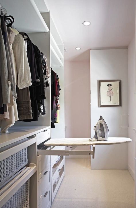 Pullout ironing boards are ideal for small-space living situations. Here are six good options from high to low (installation required). Above: A custom closet with pullout ironing board by Lisa Adams Closet Design. Above: The Maytag Built-In Ironing Board can be positioned on top of the washer or dryer; £199.99 ($308.75) from Range Cooker King in […] Walk In Wardrobe Ideas, Small Master Closet, Master Closet Design, Closet Small Bedroom, Small Walk In Closet, Bedroom Closet Doors, Dream Closet Design, Walk In Closet Design, Walking Closet