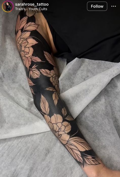 Arm Sleeve Tattoos Cover Up, Black Out Floral Sleeve Tattoo, All Black Tattoo Cover Up, Blackout Tattoo Women, Blackout Flower Tattoo, Dark Tattoo Sleeve, Blackout Sleeve, Flower Tattoo Black, Dark Plant