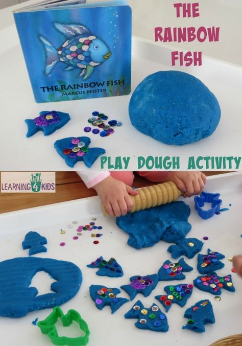 The Rainbow Fish by Marcus Pfister inspired activity - using play dough and sequins to re-create the story Rainbow Fish Activities, The Rainbow Fish, Fish Activities, Playdough Activities, Rainbow Fish, Preschool Books, Play Dough, Preschool Fun, Preschool Learning