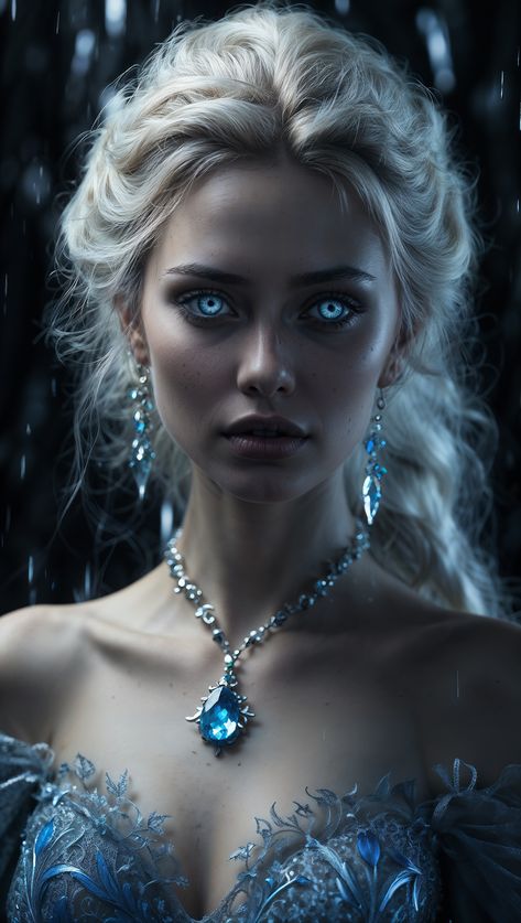 In a chilling twist on the beloved Disney character Elsa, turns evil. She has glowing scary blue eyes. She uses her icy abilities to trap a victim in a frozen prison. Her once sparkling gown now hangs in tatters, dripping with shards of ice and emanating an ominous aura. The scene is depicted in a vivid and detailed oil painting, capturing every frozen detail with precision. The sinister Elsa's skin is pale and frostbitten, her eyes gleaming with a malevolent glow that sends shivers down the . Scary Blue Eyes, Disney Characters Elsa, Snow Witch, Sparkling Gown, Ice Witch, The Sinister, Fantasy Princess, Shadow Photography, Movie Director