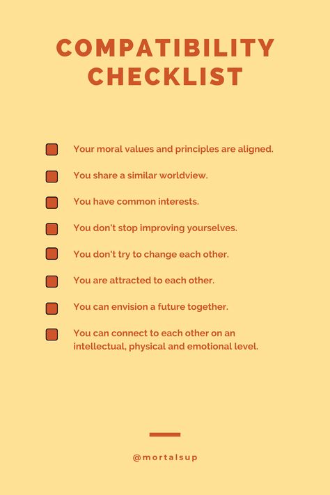 Compatibility is essential in determining the success of a couple. Even with chemistry, two people may not be compatible. Use this list as a gauge on how suitable you are for one another. If you are both able to check & tick all the boxes, that's a great start to a potentially wonderful and lasting relationship. | Mortal Support Chemistry And Compatibility, Compatibility In Relationships, Chemistry Vs Compatibility, Chemistry Relationship, Pros And Cons List Relationship, Couples Chemistry, Personality Compatibility, Intellectual Quotes, Chemistry Between Two People