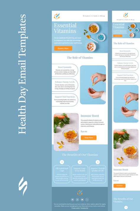 World Health Day email template "The role of vitamins" for health and wellness industry. Create eye-catching templates that leave a lasting impact.🌠🌟 Follow us on Pinterest for design and marketing hacks! 📈💌 #healthday #stripoemail #emailtips #emailnewsletter #emailtemplate #emaildesign #emailmarketing #emaildesignlayout Educational Email Design, Infographic Email Design, Medical Email Design, Marketing Newsletter Design, Sms Marketing Design, Health Newsletter Design, Testimonial Email Design, Creative Emailer Design, Promotional Email Design