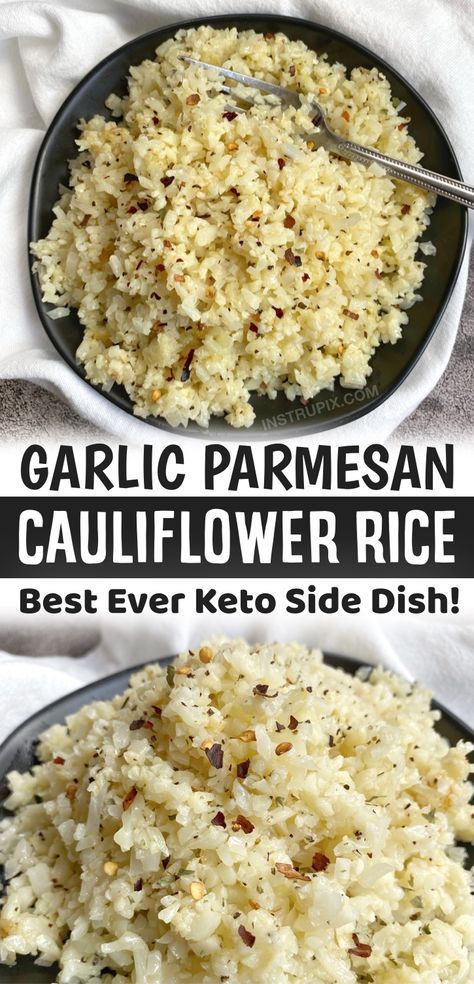 Parmesan Cauliflower Rice, Garlic Parmesan Cauliflower, Low Carb Side Dish, Keto Side Dish, Parmesan Cauliflower, Frozen Cauliflower, Low Carb Side, Frozen Cauliflower Rice, Cauliflower Rice Recipes