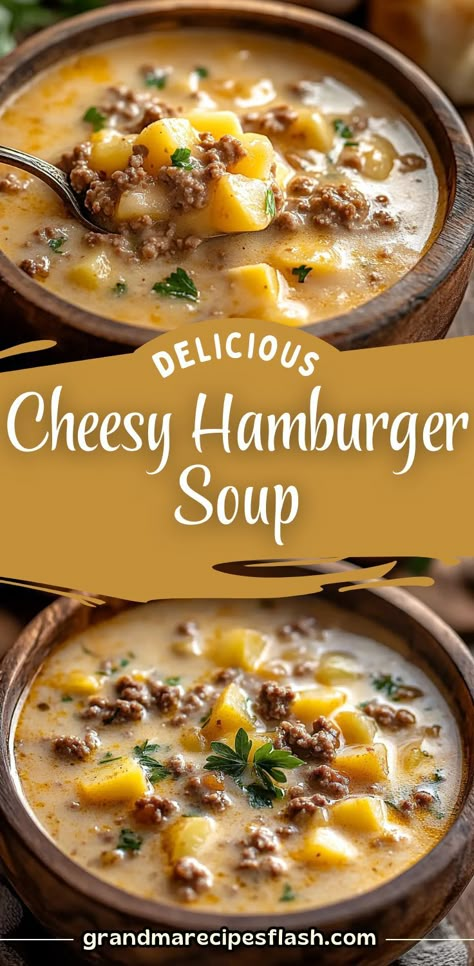 This Cheesy Hamburger Potato Soup is the ultimate comfort food, combining hearty ground beef, tender potatoes, and a creamy cheese broth for a rich, satisfying meal. Perfect for chilly nights, it’s quick to prepare and full of flavor! Dinners For One Person, Cheesy Hamburger Soup, Cheesy Hamburger Potato Soup, Burger Soup Recipes, Cheese Burger Soup, Burger Soup, Hamburger Potato Soup, Cheese Burger Soup Recipes, Quick Soup