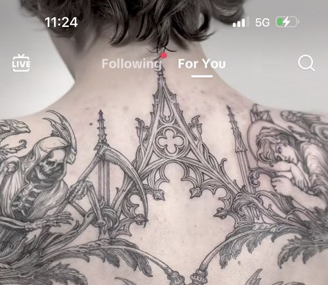 Fine Line Architecture Tattoo, Large Gothic Tattoo, Back Symmetrical Tattoo, Gothic Throat Tattoo, Gothic Spine Tattoos For Women, Gothic Sternum Tattoo Women, Gothic Arch Tattoo, Victorian Chest Tattoo, Cathedral Back Tattoo