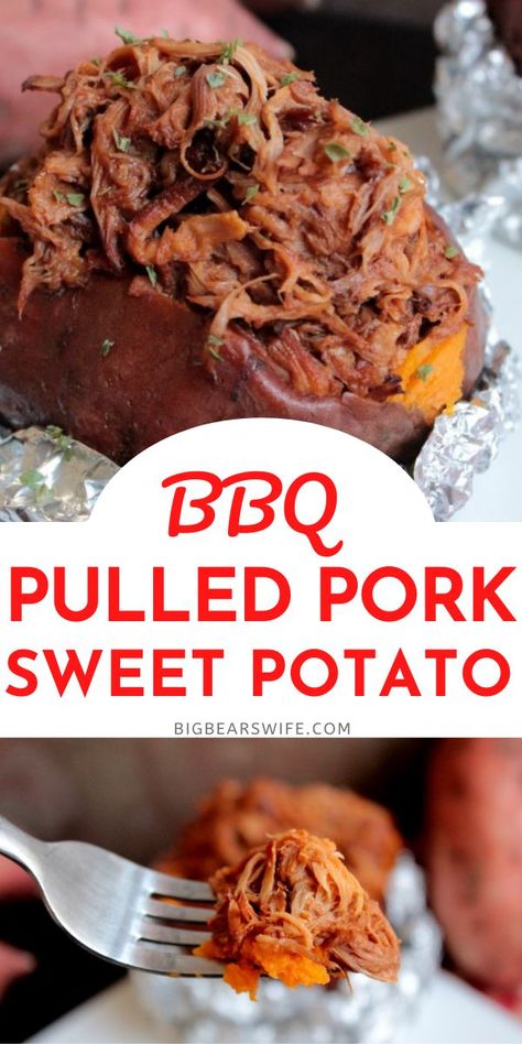 Baked sweet potatoes stuffed with homemade BBQ pulled pork makes for a super easy dinner option for the entire family! This is such a great easy recipe for moms and dads to get dinner on the table. Southern Comfort Food Recipes, Potatoes Stuffed, Stuffed Sweet Potato, Easy Dinner Options, Sweet Potato Recipes Baked, Twice Baked Sweet Potatoes, Baked Sweet Potatoes, Super Easy Dinner, Loaded Sweet Potato