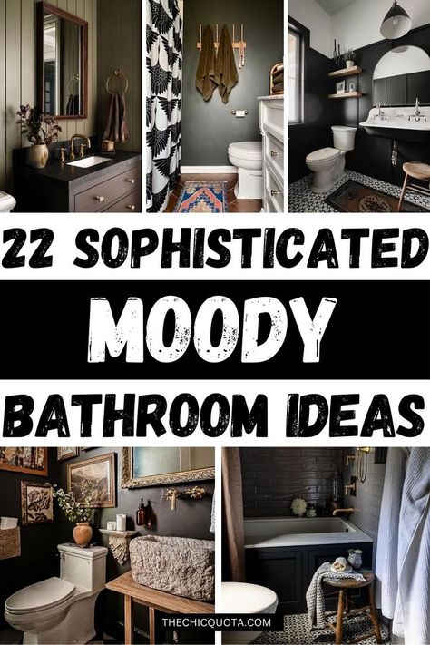 moody bathroom Dark Theme Bathroom Master Bath, Dark Bathroom Ideas Apartment, Dark Neutral Bathroom Ideas, Small Dark Bathroom Wallpaper, Dark Moody Shower Curtain, Bathroom Remodel Moody, Moody Glam Bathroom, Moody Bathroom With Shower Curtain, Small Bathroom Ideas Dark Walls