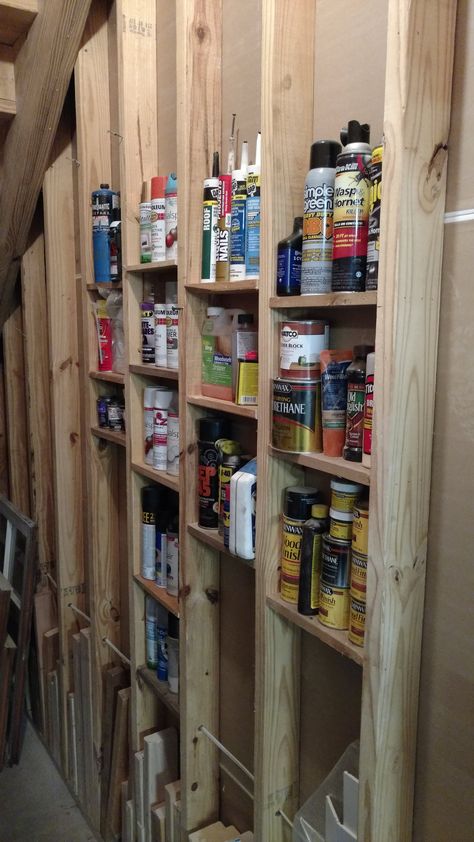 I wanted to utilize the area under my staircase for storage. The wall is sheet rocked on one side, but on the other side, the studs are exposed. What better way to... Shed Organizing, Garage Organization Shelves, Shed Shelving, Shelves Garage, Organization Shelves, Storage Shed Organization, Clutter Solutions, Build Your Own Shed, Garage Diy