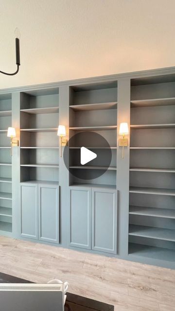 Lauren | Cozy Haven Interiors on Instagram: "W E  A R E  D O N E !! well… still need to add hardware to cabinets 😊 but man oh man we are in love with how this project turned out!! It was our biggest one to date for sure. Found these bookcases on FB marketplace and transformed them into custom built ins in about a month. Now it’s time to fill those shelves!!!  . . . . . .  .  . #home #homedecor #homesweethome #homestyle #homedesign #diy #diyhousetohome #diydesign #bookshelves #bookshelf #mystyle #myhomestyle #mydomaine #myhousebeautiful #design #pocketofmyhome #pb #rh #ikeahack #ikeahome #billybookcasehacks" Bookshelf In Wall Studs, Library Wall With Cabinet Base In Living Room, Historic Built In Bookshelves, Built In Shelves With Barn Doors, Diy Built In Bookshelves, Pottery Barn Aubrey Wall Bookcase, Dream Estate, Custom Bookshelves, Library Wall