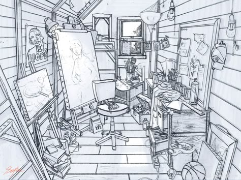 Art Room Drawing, Room Drawing Ideas, Room Perspective Drawing, Interior Concept Art, Art Layout, Free Draw, Marker Painting, Perspective Sketch, Line Painting