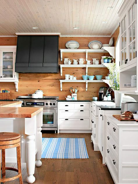 When choosing materials for your cottage kitchen, create a storyboard of your materials to see how they will look together before buying. Dapur Rustic, Cottage Kitchen Design, Wood Wall Design, Wood Backsplash, Kabinet Dapur, Herringbone Backsplash, Cabin Kitchen, Plank Walls, Cottage Style Decor