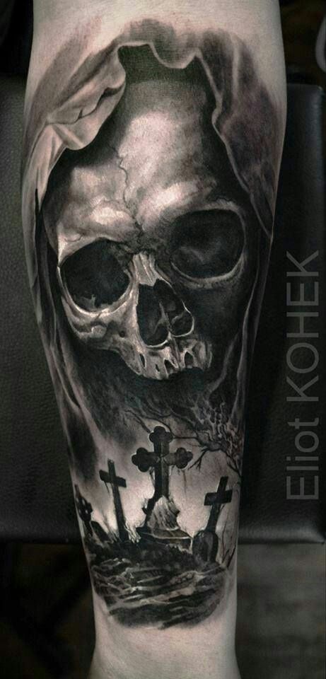 Graveyard. -bakgrundside                                                                                                                                                                                 More Decaying Skull Tattoo, Graveyard Tattoo, Evil Skull Tattoo, Grim Reaper Tattoo, Skull Sleeve Tattoos, Reaper Tattoo, Skull Sleeve, Evil Tattoos, Military Tattoos