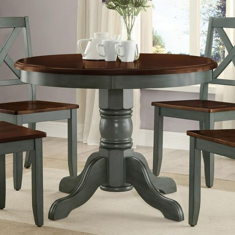 Better Homes & Gardens Cambridge Place Dining Table, Blue & Mocha Finish - Walmart.com White Table Top Dark Base, Spray Paint Kitchen Table, Table Renovation Ideas, Old Kitchen Table Makeover, Colored Kitchen Table, Refurbished Dining Table And Chairs, Round Farmhouse Table And Chairs, Table Benches Dining, Dining Table Refurbish Ideas