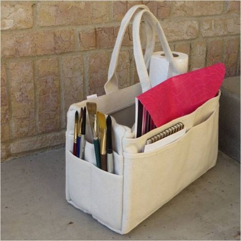 Canvas Rigger bag from Harbor Freight  can store so many things. A great buy for $15.I use mine to take my art supplies to class.-myflowerjournal.com Art Supplies Bag, Art Supplies Storage, Organizer Diy, The Quilt Show, Harbor Freight, Art Storage, Art Bag, Art Kits, Watercolor Paint