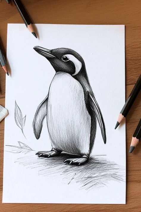 Cool Penguin Drawing, Pencil Sketch Of Animals, Animal Pen Drawings, Best Sketches Pencil Drawings, Penguin Drawing Realistic, Cute Little Sketches, Stuff To Sketch, Drawing Ideas Creative Unique, Nature Sketches Pencil