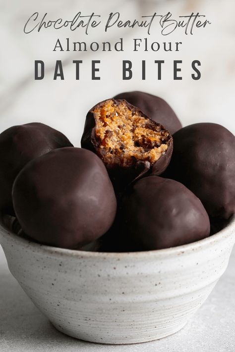 Chocolate Peanut Butter Almond Flour Date Bites - Healthy Little Vittles Date Bites, Clean Dessert, Paleo Recipes Dessert, Chocolate Bites, Date Recipes, Protein Bites, Healthy Sweet Treats, Healthier Desserts, Desserts Vegan