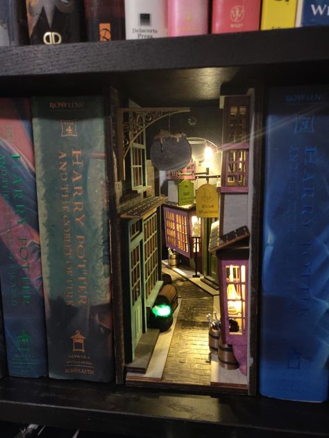 Book Nook Bookshelf Insert Dioramas | Apartment Therapy Diagon Alley Book Nook, Book Nook Insert, Bookshelf Diorama, Bookshelf Inserts, Reading Room Design, Book Nook Shelf, Book Nook Ideas, Nook Shelf, Bookshelf Insert