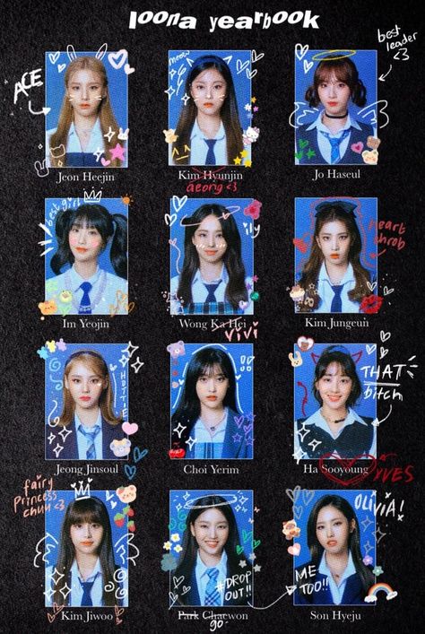 K Pop Yearbook, Cute Yearbook Ideas, Loona Yearbook, Loona Id Photo, Y2k Yearbook Theme, Instagram Introduction Post Ideas, Aesthetic Yearbook Photos, Korean Yearbook Photo, Loona Poster Edit