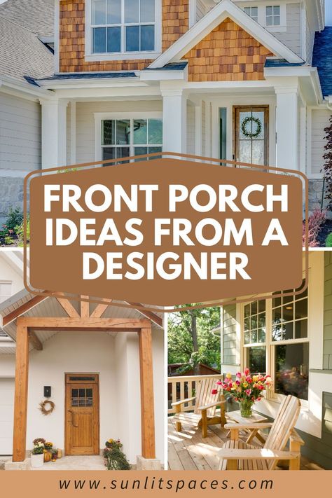 Front porch ideas are everywhere! But what looks good? Here are some front porch decor ideas from a Designer that are sure to add curb appeal to your home! Your front porch decor can change the whole look of your house. Learn what looks will suit your style the best! Ranch Style Front Porch Ideas, Front Porch Overhang Ideas, Front Deck Ideas Entrance Porch Designs, Front Porch Ceiling Ideas, Open Front Porch Ideas, Front Porch Extension Ideas, Front Porch Post Ideas, Front Porch Overhang, Uncovered Front Porch Ideas