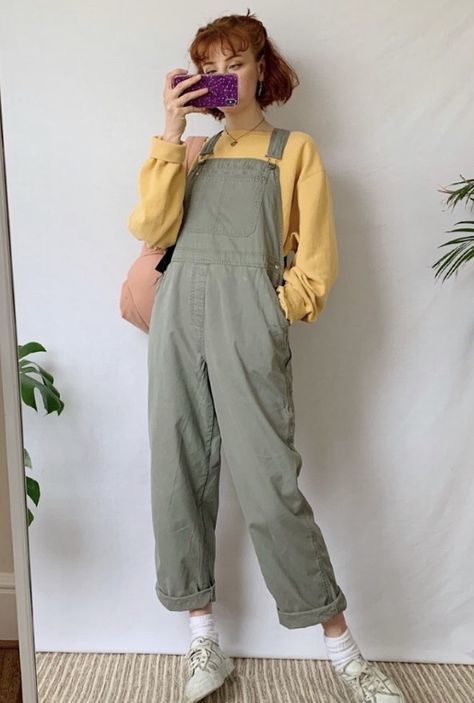 Green Corduroy Overalls Outfit, Yellow Sweatshirt Outfit, Green Overalls Outfits, Alt Mom, Overalls Aesthetic, Denim Overalls Outfit, Overalls Outfits, Green Overalls, Overalls Outfit