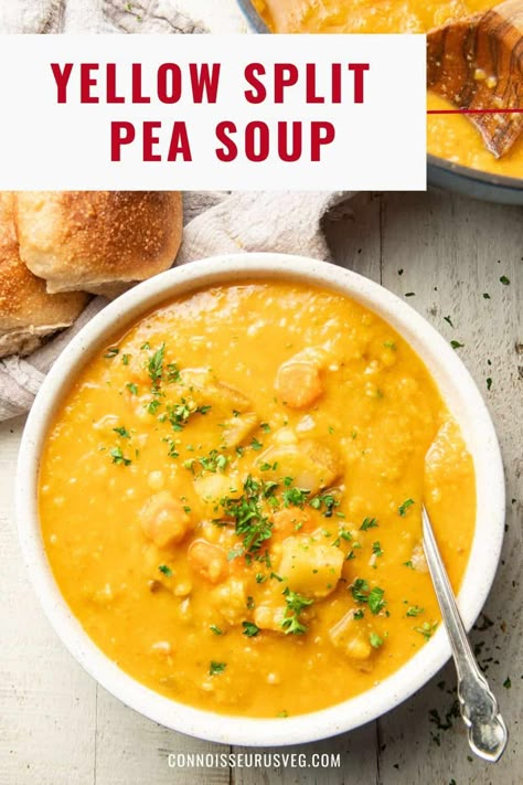 This yellow split pea soup soup is hearty, satisfying, and loaded with flavor. It's also super easy to make in one pot. Pair it up with some crusty bread for a comforting meal that everyone will love. It's vegan and gluten-free too! Curry Split Pea Soup, Pea Soup Without Ham, Yellow Pea Soup Recipe, Yellow Split Pea Recipes, Yellow Pea Soup, Yellow Split Pea Recipe, Soup Recipes Vegan, Yellow Split Pea, Best Vegan Chili