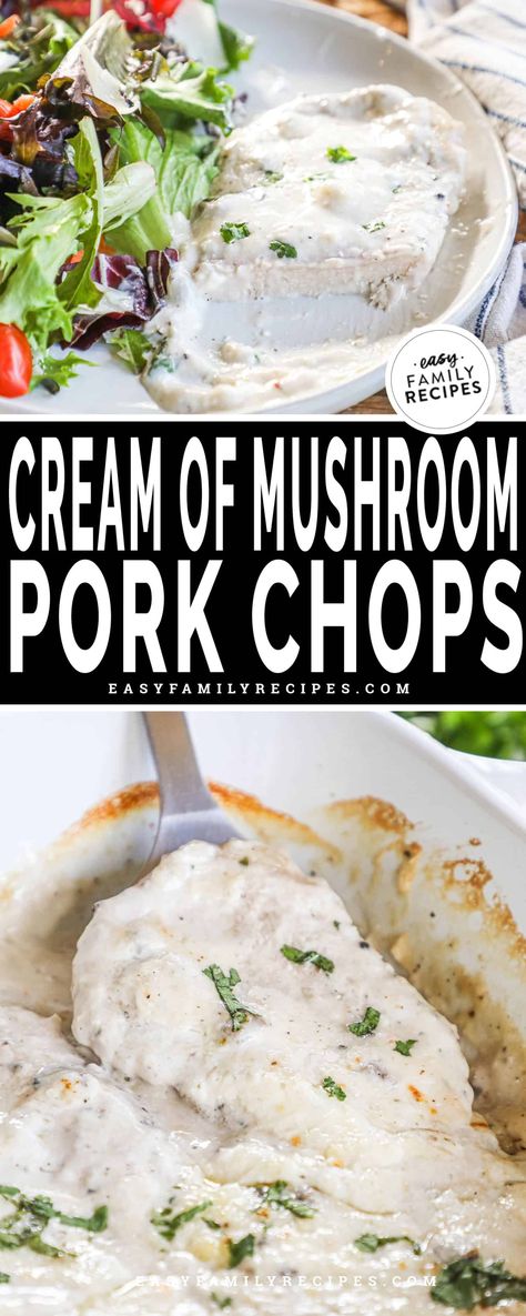 Oven Baked Cream of Mushroom Pork Chops Cream Of Mushroom Pork Chops, Mushroom Soup Pork Chops, Pork Chop Casserole Recipes, Cheesy Pork Chops, Boneless Pork Chop Recipes, Baked Pork Chops Oven, Pork Chop Recipe, Mushroom Pork Chops, Easy Pork Chops