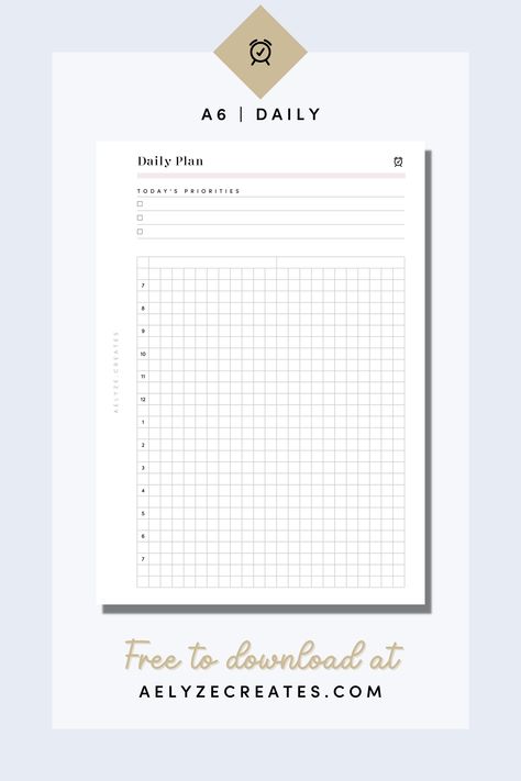 Free printable planner inserts - A6 daily grid. A6 Printables Free, A6 Planner Inserts Free Printables, Free Daily Planner Printables, Daily Study Planner, Free Planner Inserts, Air Well, Cute Daily Planner, Simple Daily Planner, Filofax Inserts