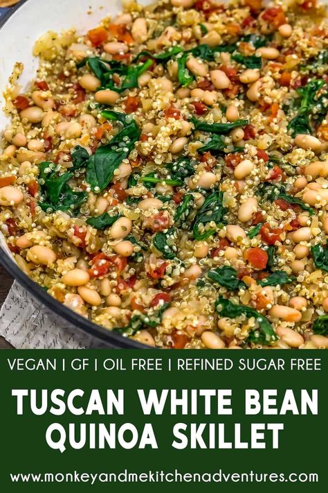 Simple, yet flavorful, this nourishing, oil-free Tuscan White Bean Quinoa Skillet is packed with beans, tomatoes, spinach, and quinoa. #wholefoodplantbased #vegan #oilfree #glutenfree #plantbased | monkeyandmekitchenadventures.com Quinoa With Spinach, Spinach Quinoa Recipes, Quinoa Beans Recipes, Beans And Quinoa Recipes, Quinoa Spinach Recipes, Tuscan White Bean Skillet, Quinoa And Beans Recipes, White Bean Spinach, Quinoa And Beans