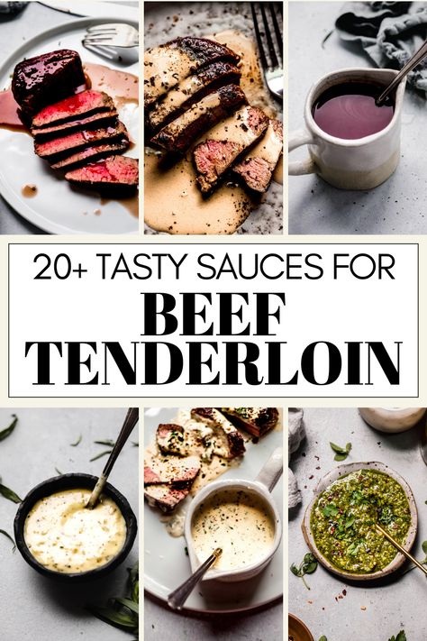 Wondering what sauces go well with beef tenderloin? I’ve got you covered with this handy guide of 20+ amazing sauce recipes! Beef Tenderloin Horseradish Cream Sauce, Sauces For Tenderloin Beef, What To Make With Beef Tenderloin, Beef Tenderloin Dipping Sauce, Beef Tenderloin Mushroom Sauce, Beef Tenderloin Horseradish Sauce, Red Wine Sauce For Beef Tenderloin, Beef Tenderloin With Sauce, Filet Sauce Recipes