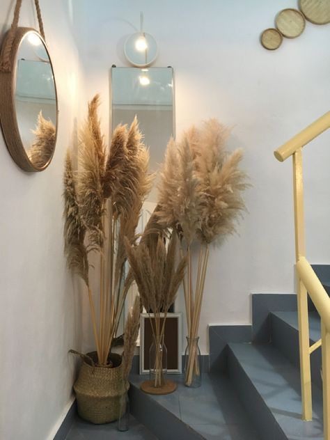 Pompass Grass Wall Decoration, Pampas Grass Living Room, Sweet Potato Chili Vegetarian, Salon Waiting Area, Chili Vegetarian, Vase Decorations, Potato Chili, Malibu Beach House, Salon Suites Decor