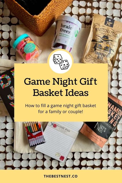 Games Gift Basket, Game Night Gift Basket Ideas Christmas, Game Night Gift Ideas, Game Night Gifts, Family Game Gift Basket Ideas, Game Gift Ideas, Gift Baskets For Families, Board Game Gift Basket, Cozy Game Night Aesthetic