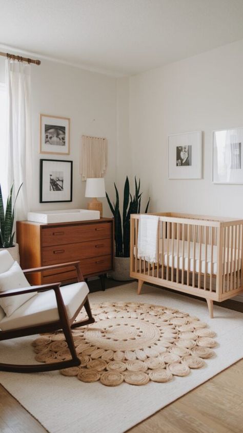 Mid-century modern nursery with warm wood tones, sleek furniture, and cozy natural decor. Mid Century Nursery Ideas, Mid Century Modern Nursery Girl, Modern Organic Nursery, Minimalist Gender Neutral Nursery, Cradlewise Nursery, Vintage Nursery Ideas Neutral, Earthy Nursery Ideas, Simple Baby Room, Rustic Nursery Ideas