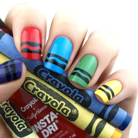 Crayon Nails Acrylic, Crayola Nails Design, Teacher Acrylic Nails, Crayon Nails Designs, Art Teacher Nails, Crayola Nails, Back To School Nails For Teachers, Cute Nails For Back To School, Fun Design Nails