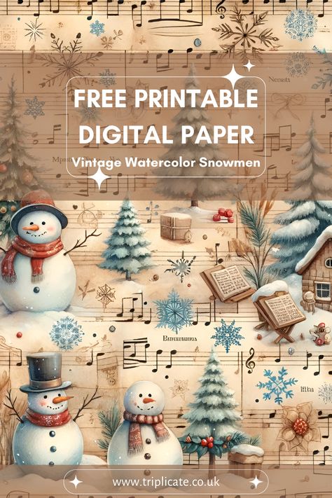 Watercolor snowmen on a vintage sheet music background. Free scrapbooking download with commercial use allowed. #scrapbooking #junkjournaling #papercraft #craftsupplies #freeprintables #digitalpaper Free Snowmen Printables, Free Decoupage Sheets Printables, Scrapbook Papers Free Printable, My Downloads, Phomemo Templates Free, Free Scandinavian Printables, Free Printable Digital Scrapbook Paper, Christmas Paper Printable Free, Free Christmas Paper Printables