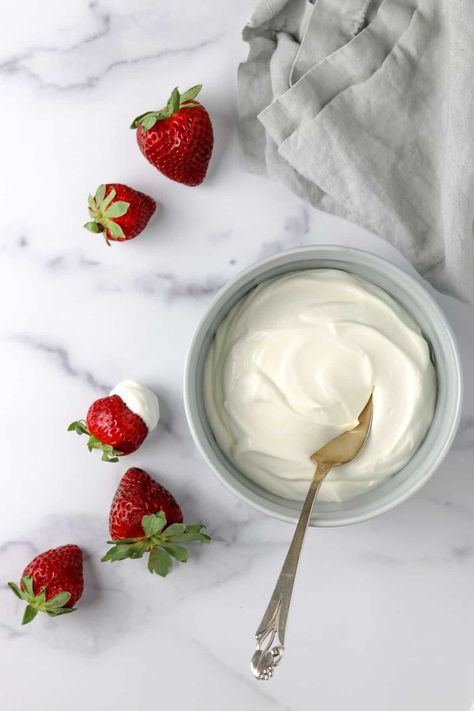 Cream Cheese Fruit Dip Recipe, Yogurt Ideas, Coconut Whip, Norwegian Recipes, Cream Cheese Fruit Dip, Scandinavian Recipes, Fruit Dips Recipes, Vegan Whipped Cream, Chocolate Chia Pudding