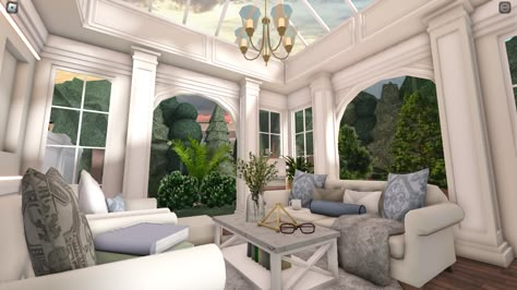 Bloxburg Coastal House Entrance, Coastal Grandmother Bloxburg House, Mederteranian House Bloxburg, Front Desk Bloxburg, Bloxburg Porch Ideas Aesthetic, Bloxburg Sorority House, Bloxburg Sunroom Ideas, Costal Bloxburg Living Room Ideas, Beachouse Bloxburg