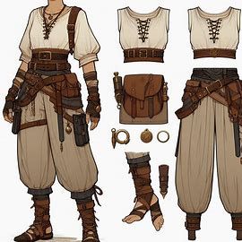 digital art style, casual warrior outfit design for a woman in dnd universe, loose pants, earthy colors, brass accessories, outfit design sheet - Image Creator from Microsoft Designer Medival Warrior Outfits, Earthy Fantasy Outfits, Medieval Woman Outfit, Fantasy Adventurer Outfit Drawing, Alchemist Outfit Design, Dnd Cosplay Ideas, Outfit Fantasy Design, Dnd Monk Outfit, Casual Medieval Outfits