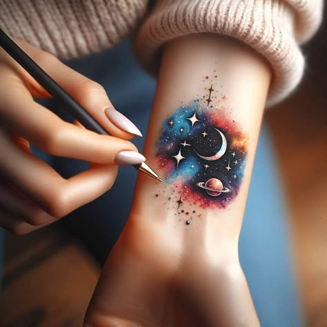 Small Galaxy Tattoo Ideas, Space Wrist Tattoos, Planets And Flowers Tattoo, Feminine Space Tattoos, Galaxy Arm Tattoo, Space Cover Up Tattoo, Galaxy Tattoo Design, Galaxy Tattoo Ideas, Tattoos Ideas Female