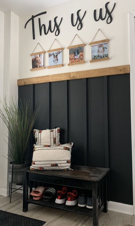 Black Accent Wall Foyer, Half Accent Wall Hallway, Bead And Batten Wall Entryway, Black Trim Entryway, Entryway Welcome Sign, Black Board And Batten Wall Entryway, Entryway Walls Ideas, Black Wainscoting Entryway, Textured Entryway Wall