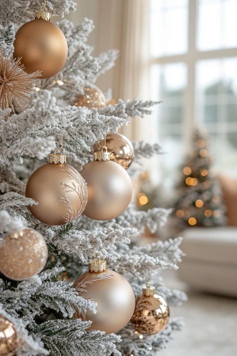 21 Chic Neutral Christmas Decor Ideas You’ll Love 22 Gold And Neutral Christmas Decor, Ivory And Champagne Christmas Tree, Gold And Cream Christmas Tree, Nude Christmas Tree, Champagne Christmas Decor, Gold Wreath Christmas, Champagne Christmas Tree, Neutral Christmas Decor Ideas, Glam Christmas Tree