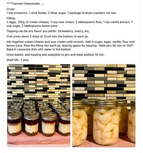 Cheesecake In A Jar Recipe, Easy Canning, Cheesecake In A Jar, Home Canning Recipes, Jar Meals, Canned Food Storage, Canning Tips, Canning Food Preservation, Canning Ideas